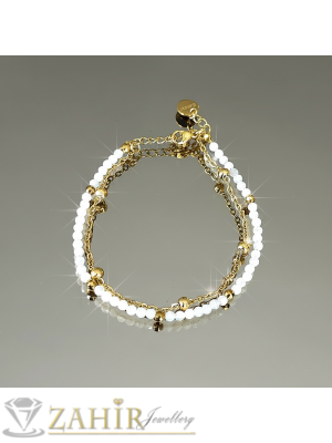 Красива гривна за ръка или глезен от естествен бял нефрит 3 мм и стоманена верижка с топчета, стоманени накрайници - GA3218